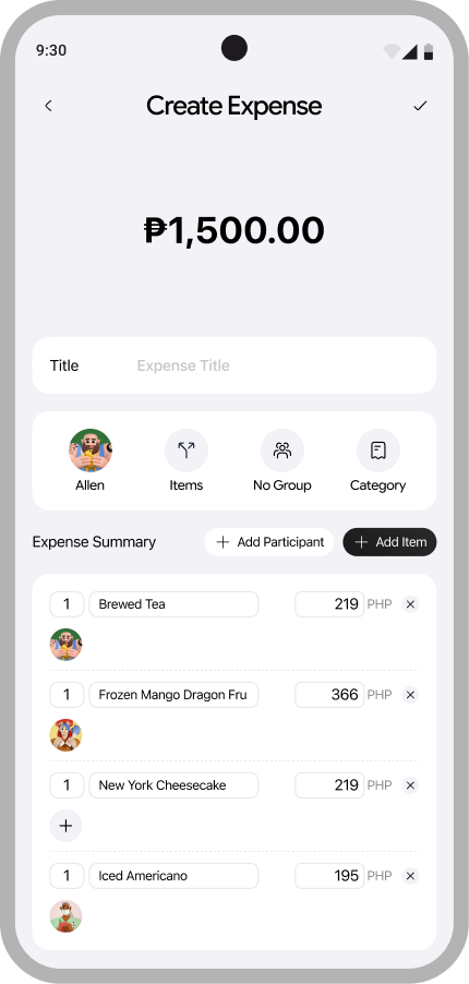 Split per item screen in the Zius mobile app