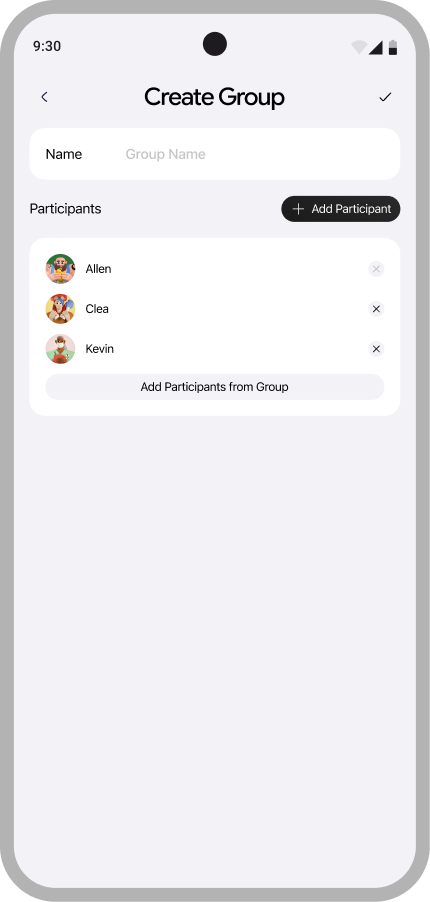 Create a group screen in the Zius mobile app