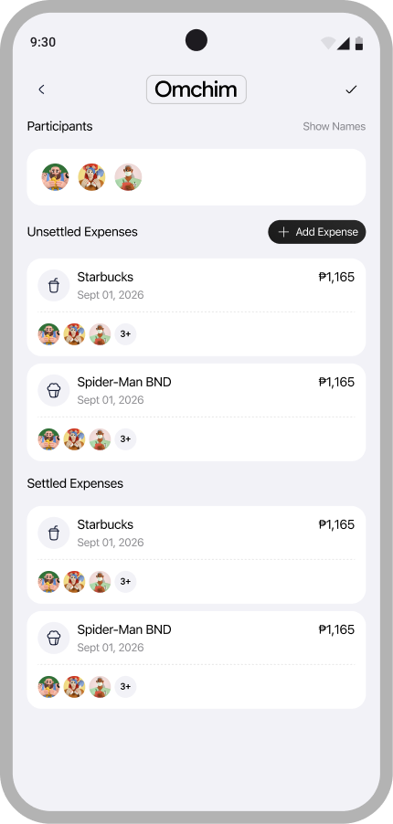 A group's settled and unsettled expenses in Zius