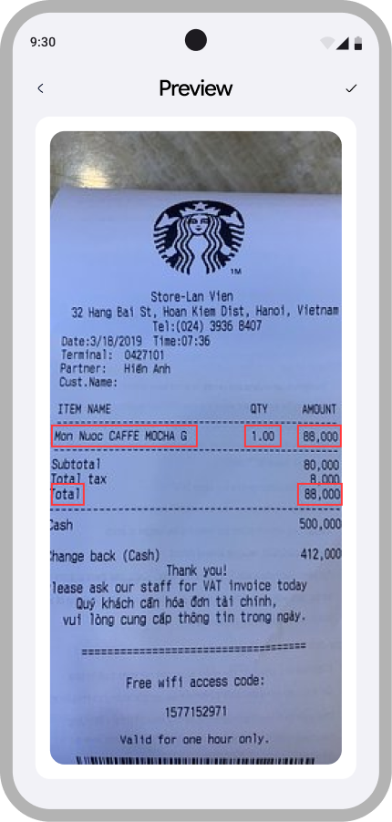 Receipt text recognized on-device in the Zius mobile app